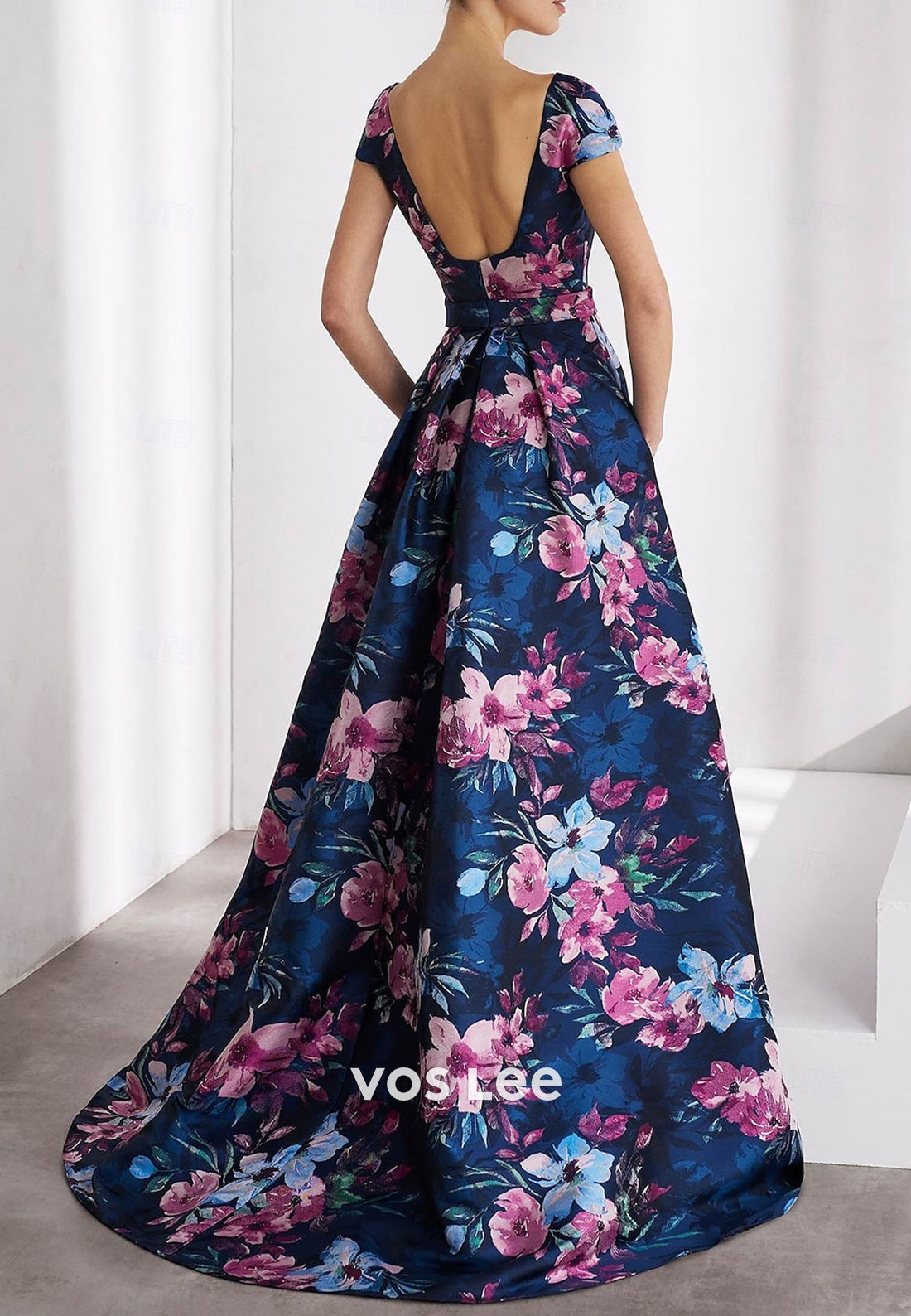 A-Line Cap Sleeves Square Pleated Floor-Length Evening Dresses with High Split