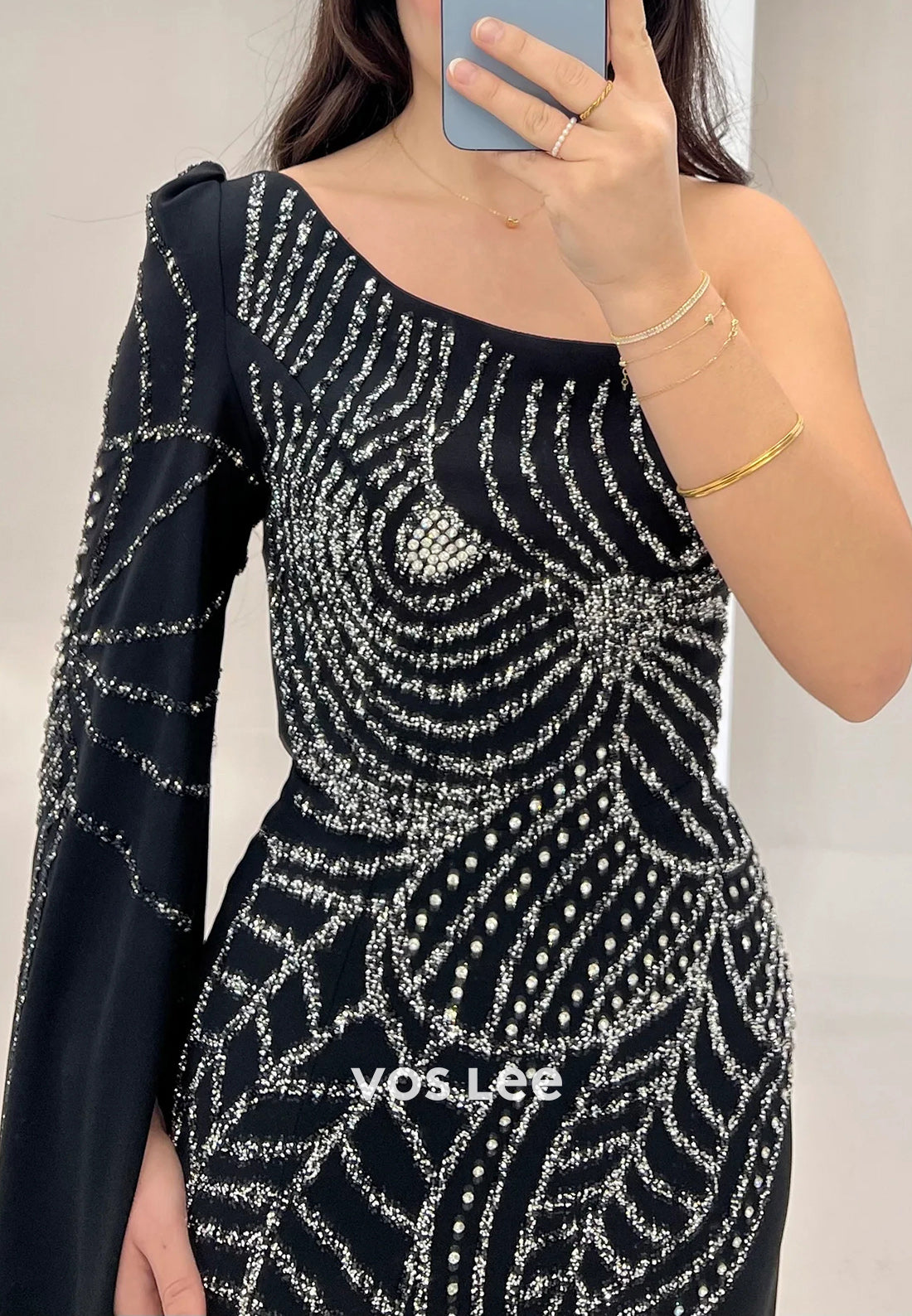 Long Sleeve One Shoulder Rhinestone Pleated Mermaid Evening Dresses with Sweep Train