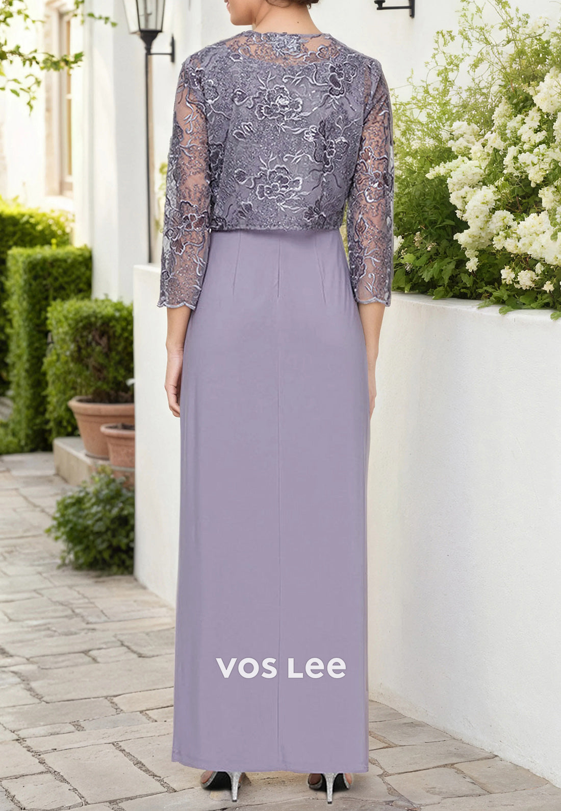 3/4 Sleeve Two Pieces Square Appliqued Lace Ankle-Length Mother of Bride Dresses