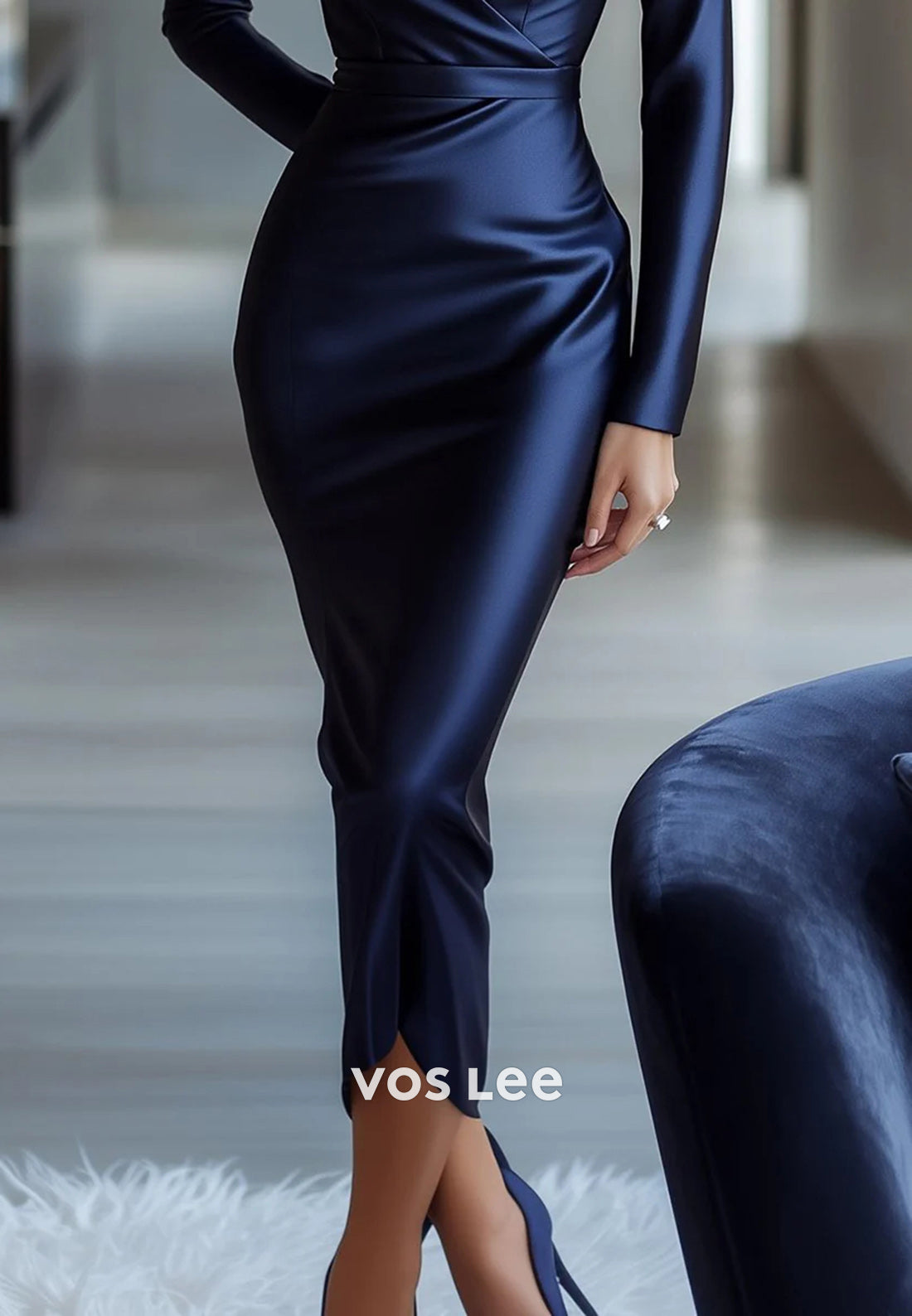 Long Sleeve Plunging V Neck Tea-Length Pleated Mermaid Wedding Guest Dresses