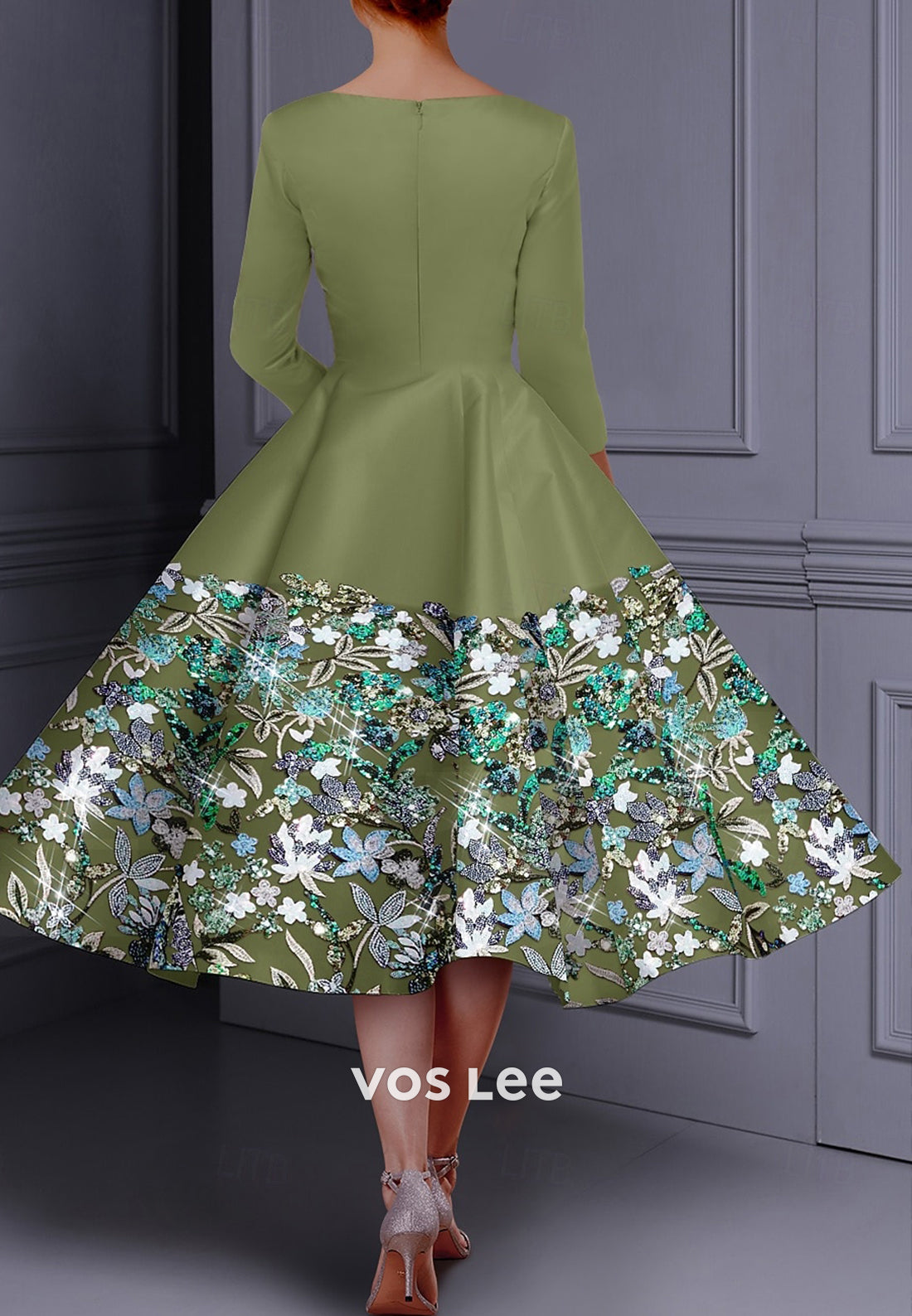 Couture & Ornate A-Line Scoop 3/4 Sleeve Appliques Pleated Evening Dresses