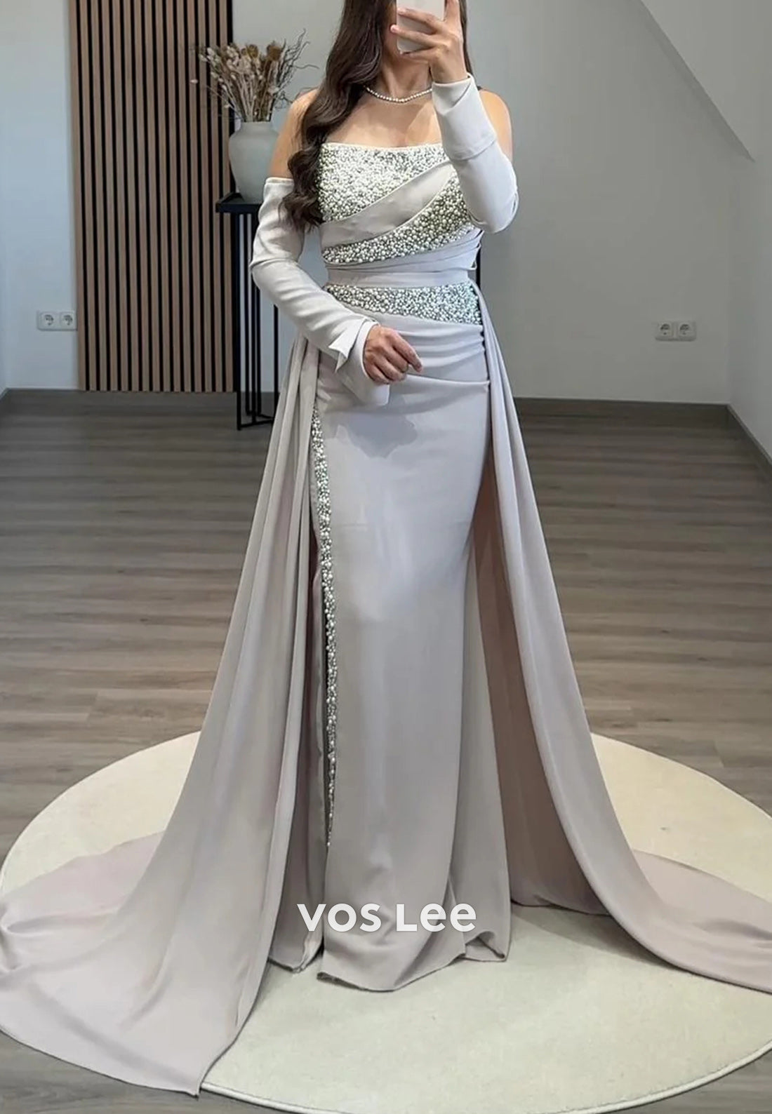 Sexy & Hot Long Sleeve Strapless Beaded Mermaid Evening Dresses with Court Train