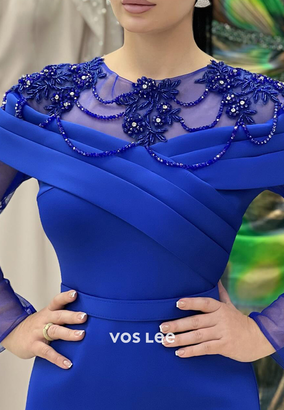 Long Sleeve Illusion Neck Beaded Embellished Ankle-Length Mermaid Evening Dresses