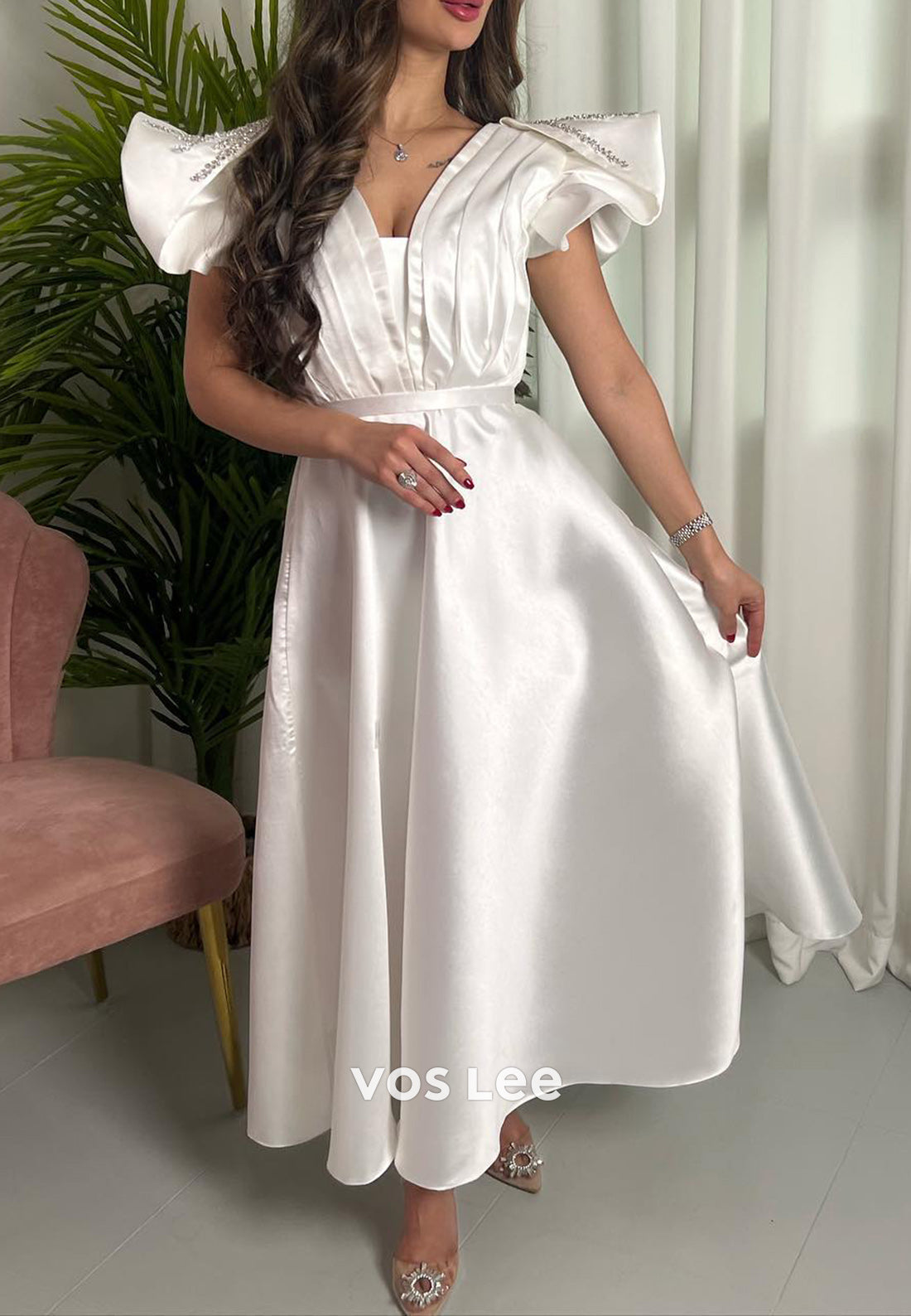 A-Line V Neck Ankle-Length Rhinestone Beaded Evening Dresses Party Dresses
