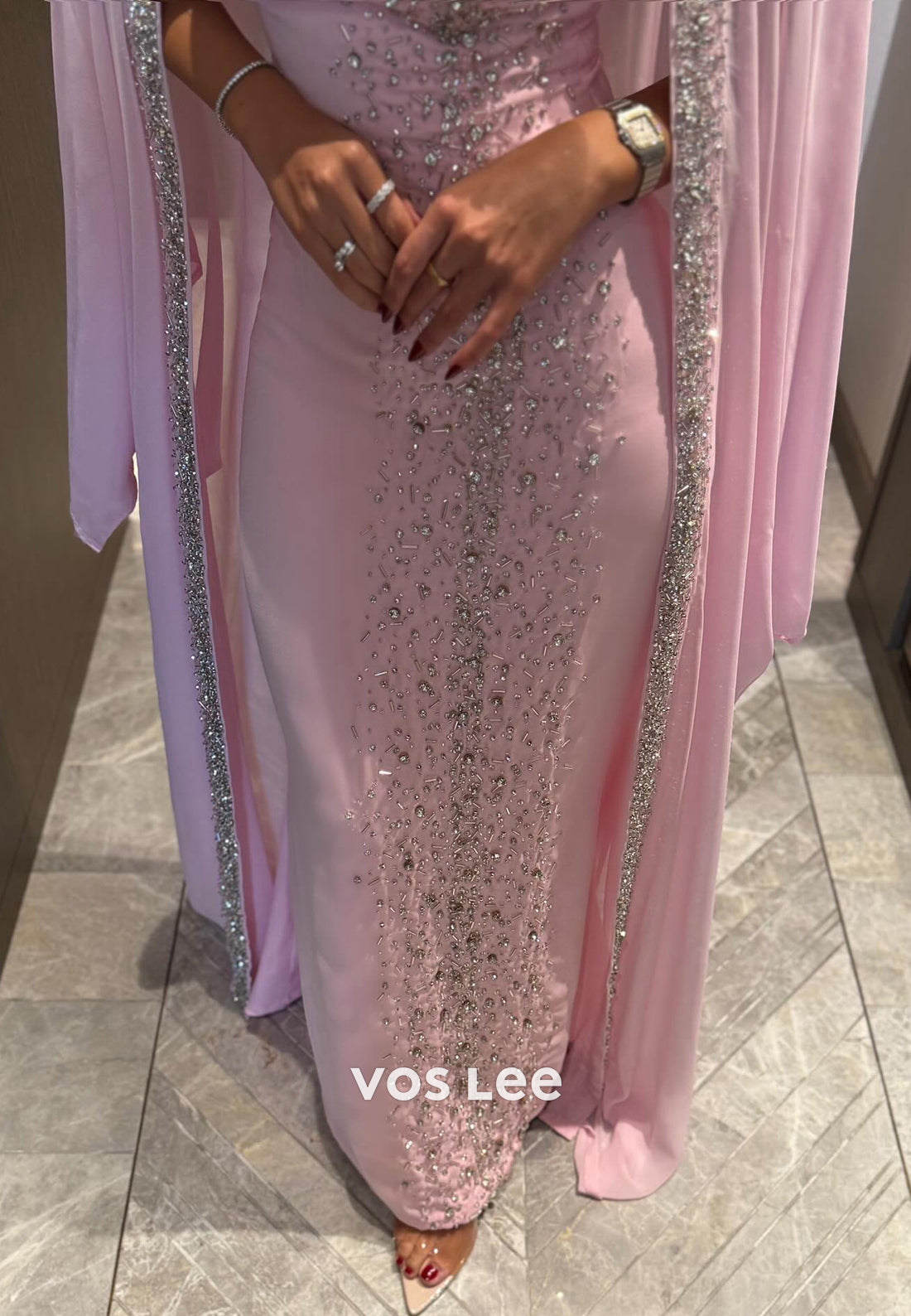 Sparkle & Shine Pink Beaded Rhinestone Floor-Length Mermaid Evening Dresses