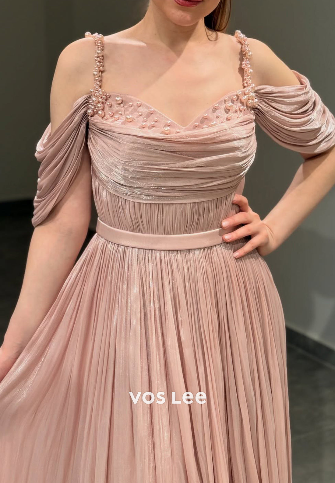 A-Line Spaghetti Straps V Neck Beaded Pleated Prom Dresses with Side Split