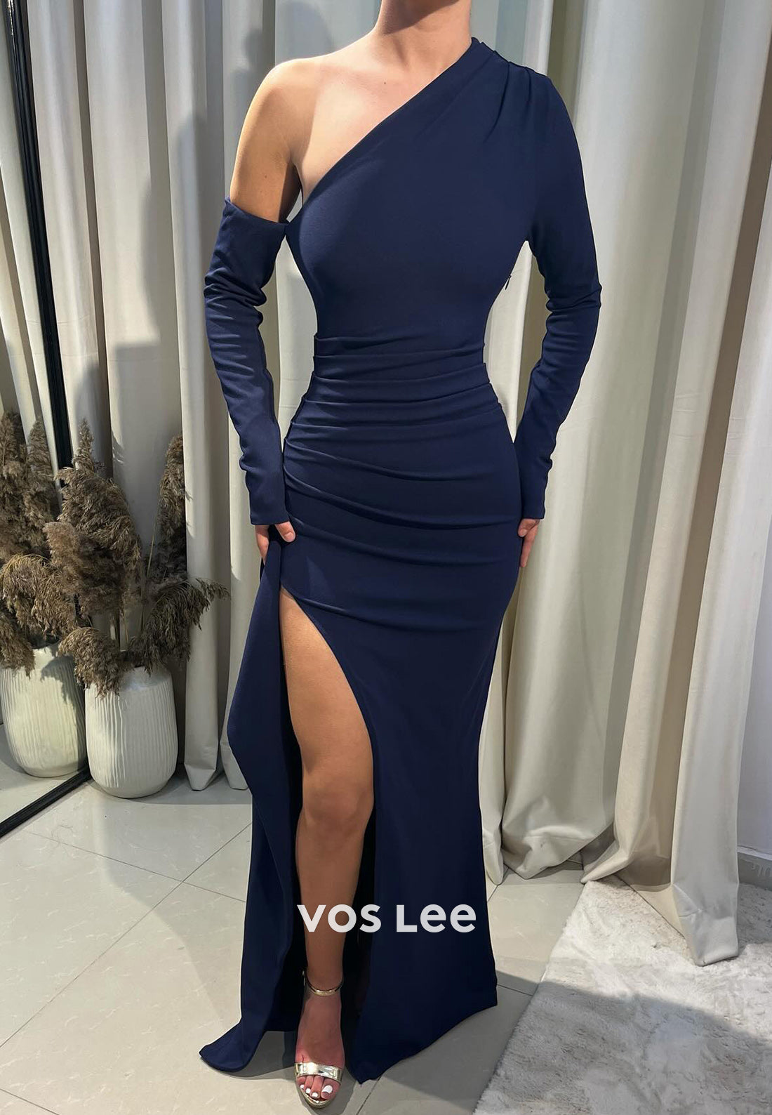Long Sleeve One Shoulder Pleated Mermaid Long Evening Dresses with Side Split