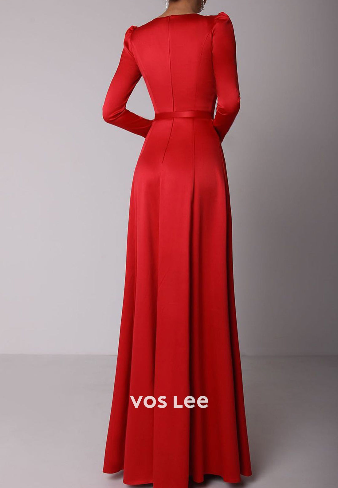 Long Sleeve Square Floor-Length Pleated Sheath Evening Dresses with High Split
