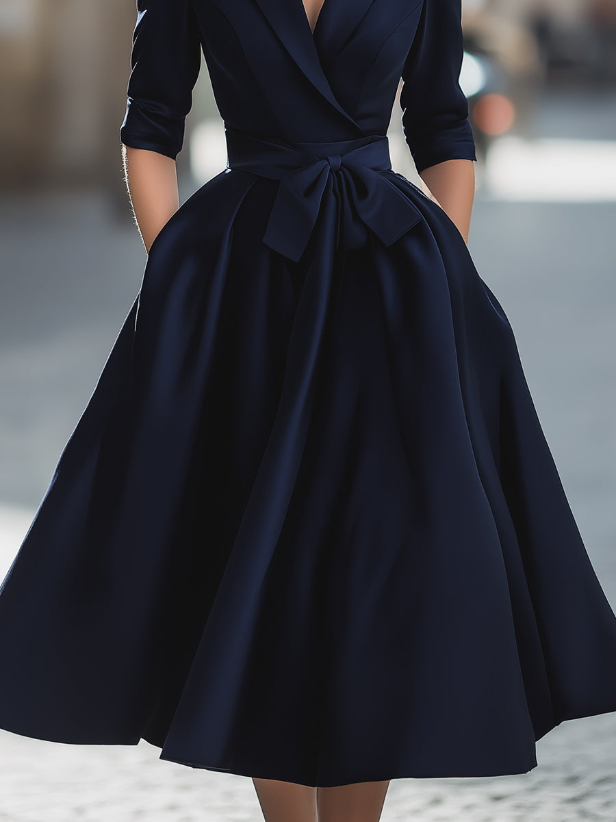 Elegant A-line V-Neck Collared Tea-Length Satin Dress