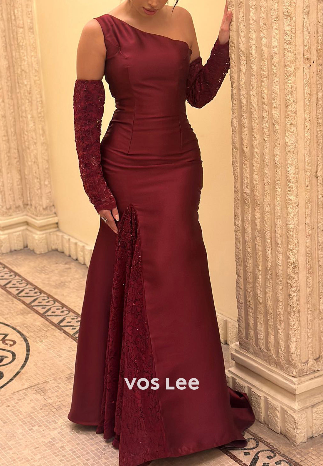 Burgundy One Shoulder Appliques Lace Long Trumpet Evening Dresses