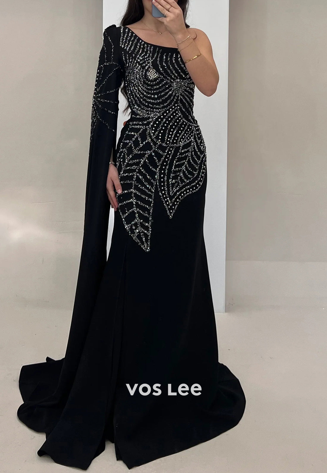 Long Sleeve One Shoulder Rhinestone Pleated Mermaid Evening Dresses with Sweep Train