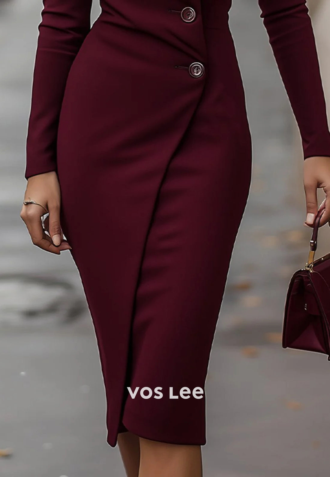 Long Sleeve Asymmetrical Neck Tea-Length Ruched Mermaid Wedding Guest Dresses