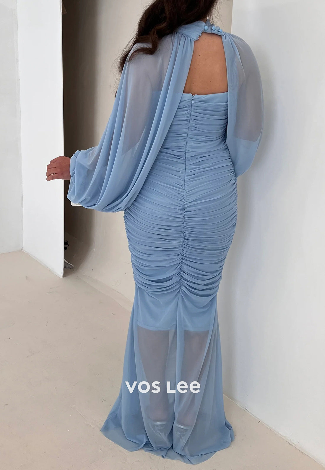 Long Sleeve High Neck Floor-Length Pleated Mermaid Evening Dresses Party Dresses
