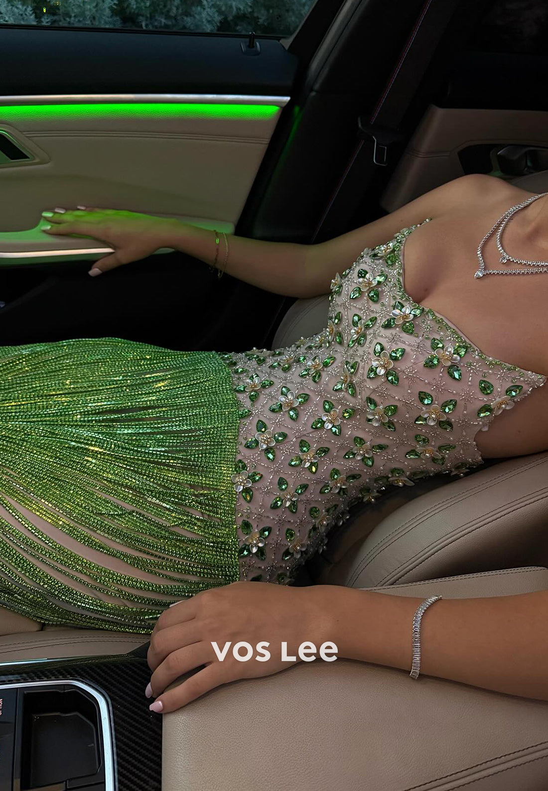 Green Strapless Scoop Beaded Rhinestone Fringe Sheath Prom Dresses