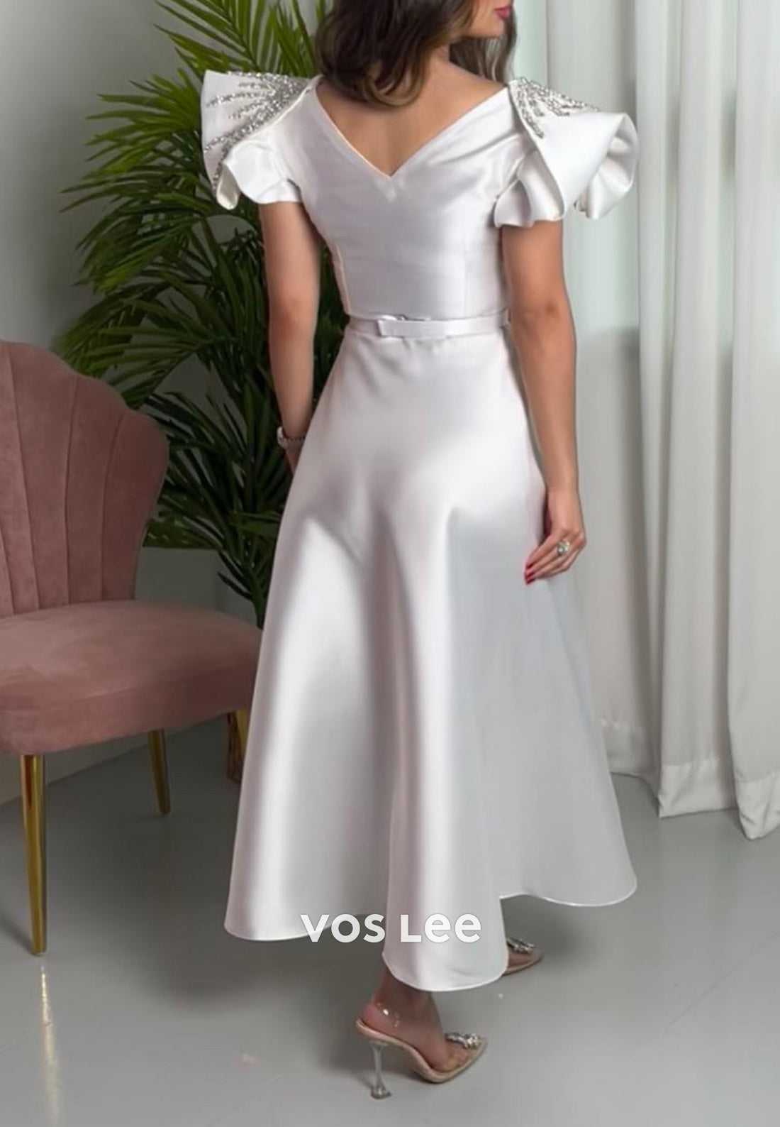 A-Line V Neck Ankle-Length Rhinestone Beaded Evening Dresses Party Dresses