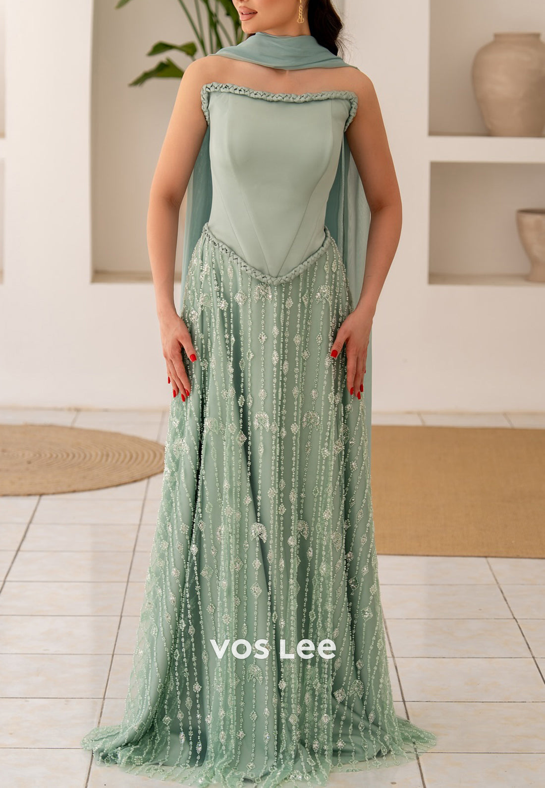 A-Line Scoop Tulle Beading Floor-Length Ruched Evening Dresses