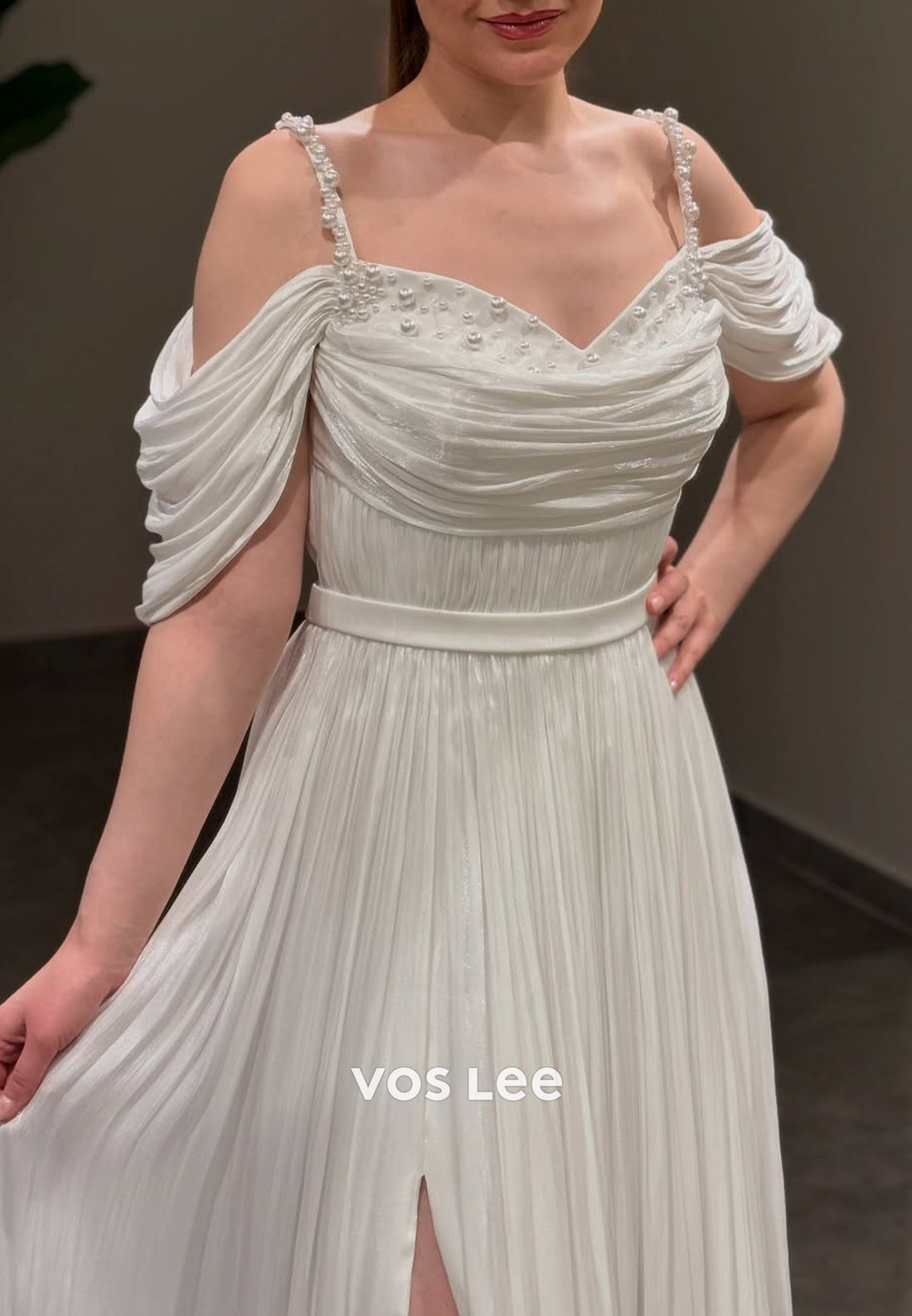 A-Line Spaghetti Straps V Neck Beaded Pleated Prom Dresses with Side Split