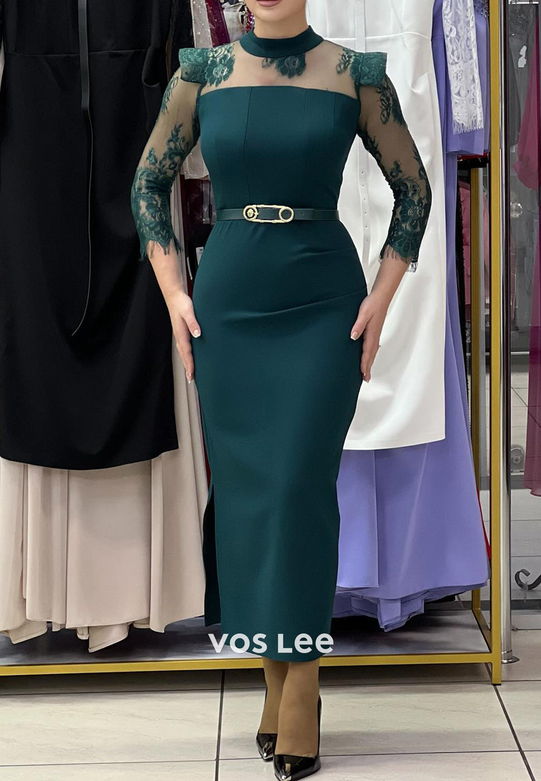 3/4 Sleeve Illusion Neck Appliqued Long Mermaid Evening Dresses with High Split