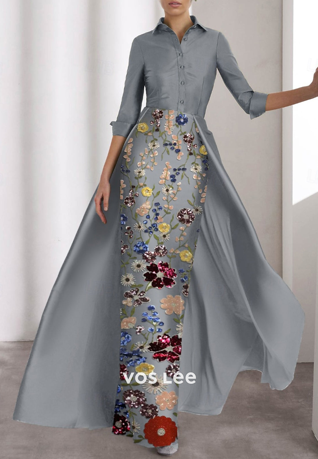 Empire Waist 3/4 Sleeve Floor-Length Appliques Pleated Mermaid Evening Dresses