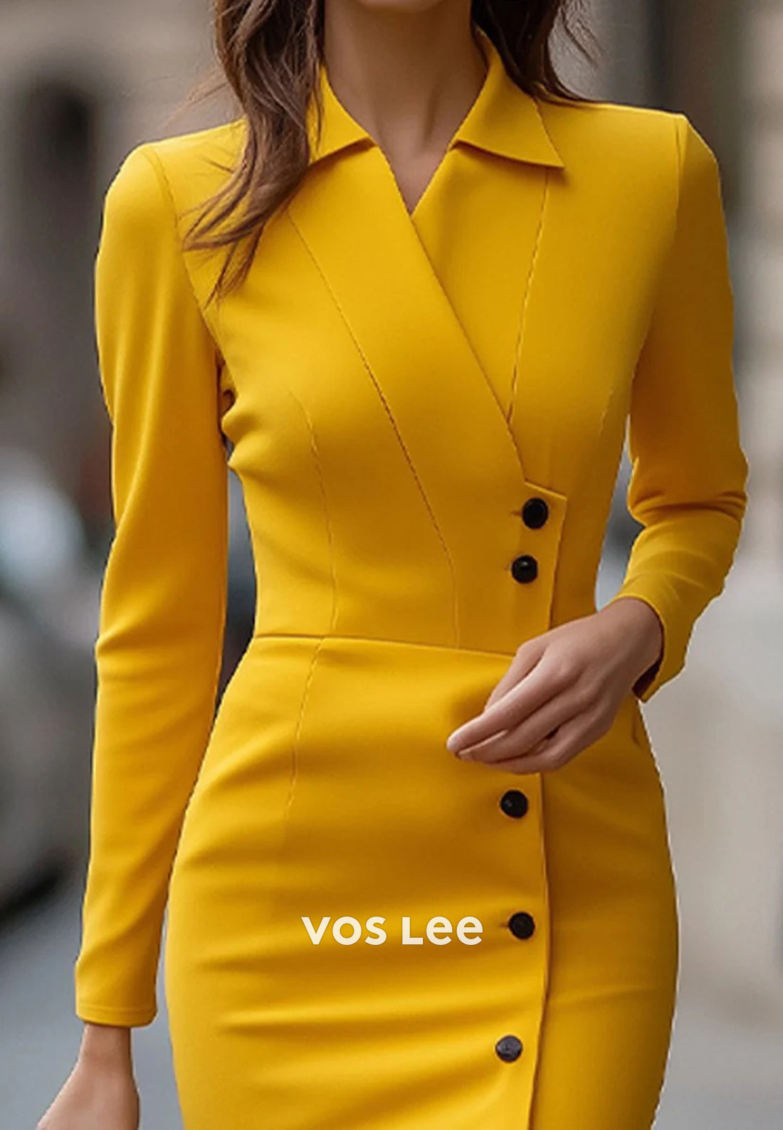 Long Sleeve V Neck Ruched Tea-Length Trumpet Wedding Guest Dresses Party Dresses