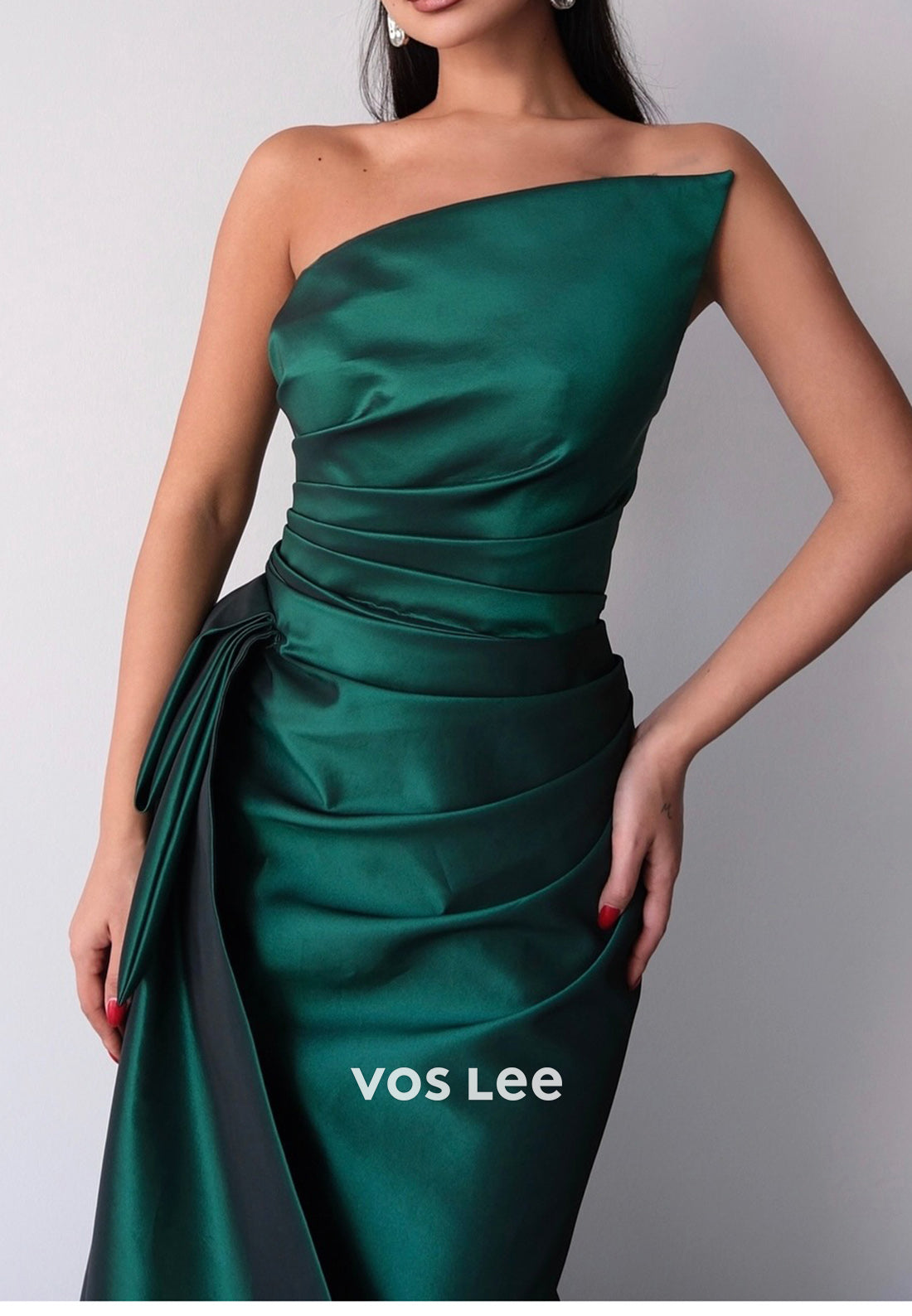 Simple & Casual Asymmetrical Neck Pleated Mermaid Long Evening Dresses with Court Train