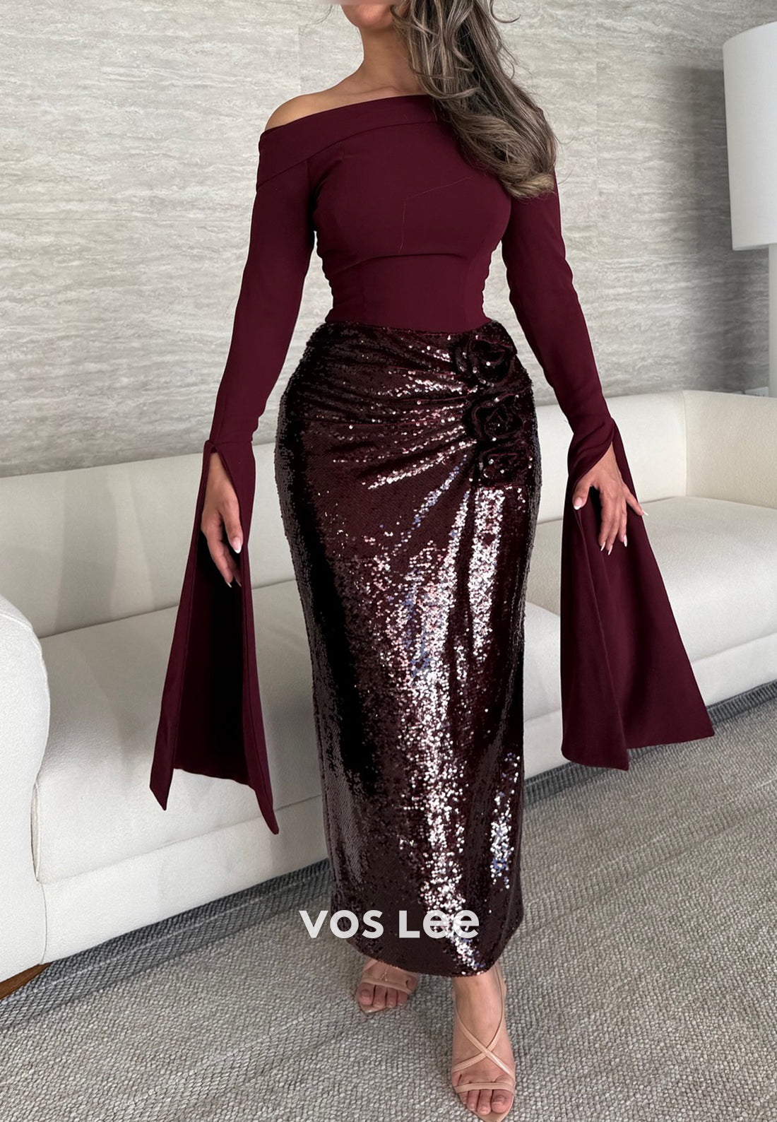 Long Sleeve Off the Shoulder Sequined Flowers Ankle-Length Mermaid Evening Dresses