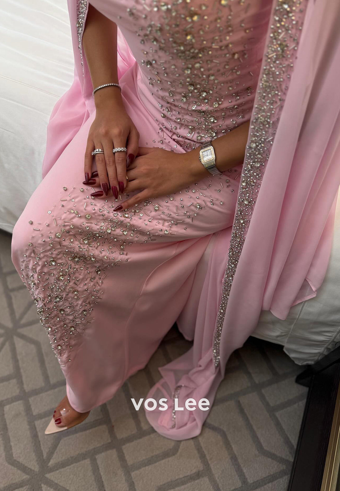 Sparkle & Shine Pink Beaded Rhinestone Floor-Length Mermaid Evening Dresses