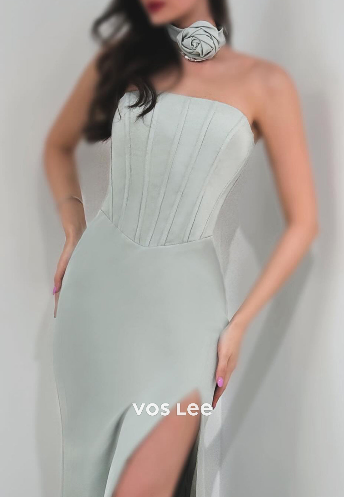 Simple Empire Waist Strapless Pleated Side spilt Mermaid Prom Dresses with Sweep Train