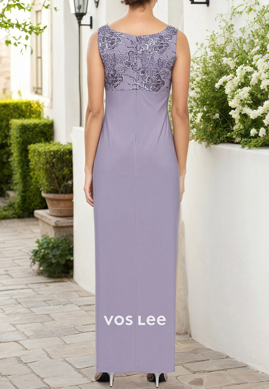 3/4 Sleeve Two Pieces Square Appliqued Lace Ankle-Length Mother of Bride Dresses