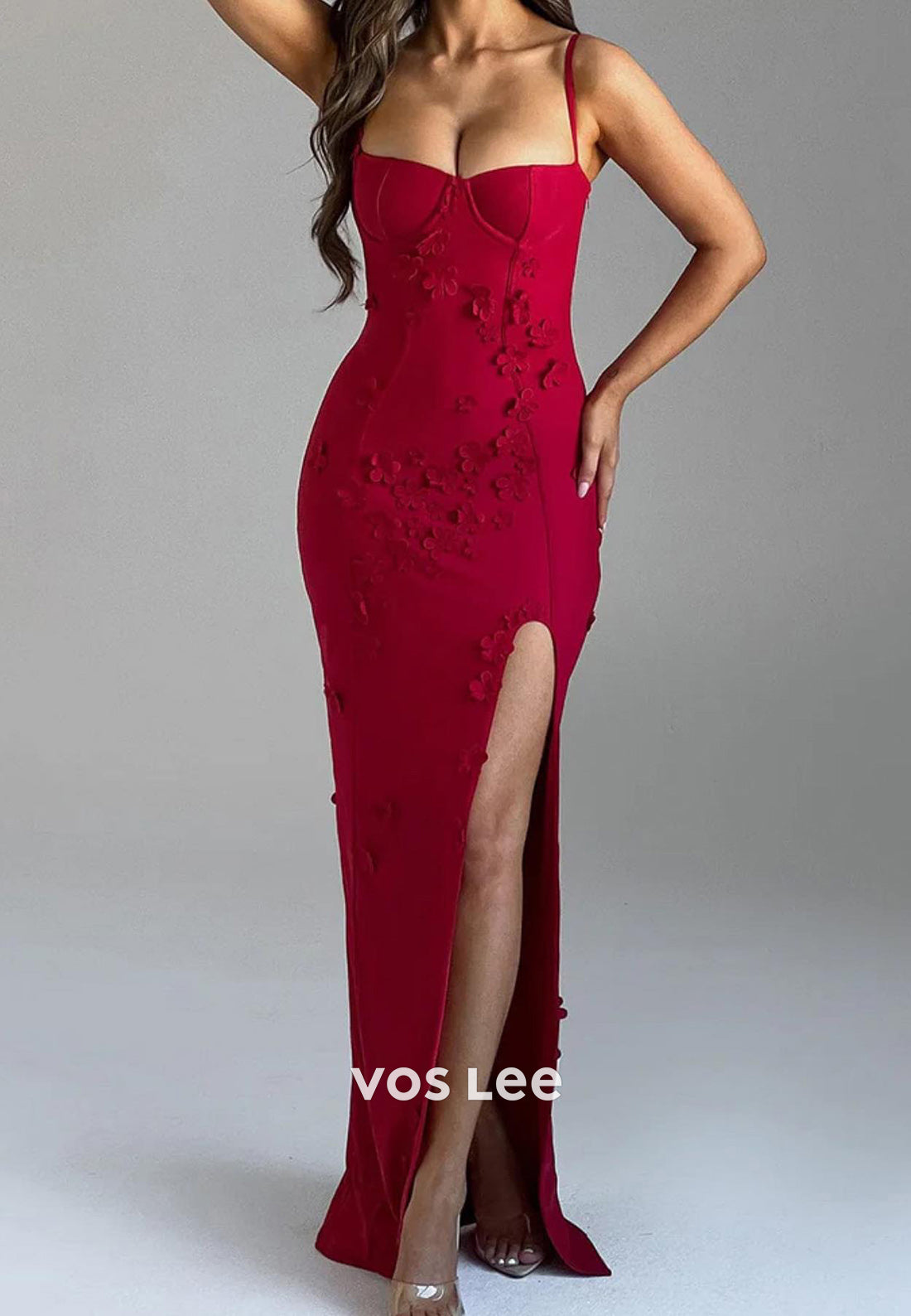 Spaghetti Straps Floral Embellished Floor-Length Mermaid Evening Dresses with Split