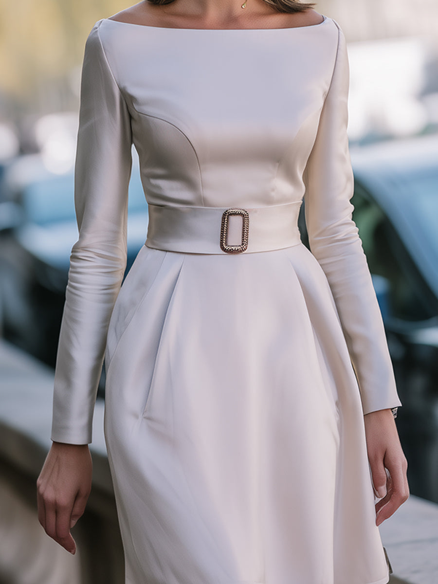 Ivory Satin Belted A-Line Dress