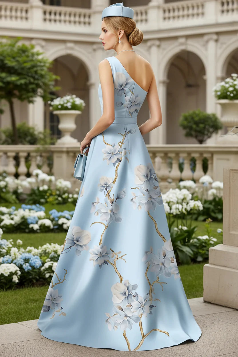 A-Line One-Shoulder Sleeveless Sweep Train Satin Evening Dress
