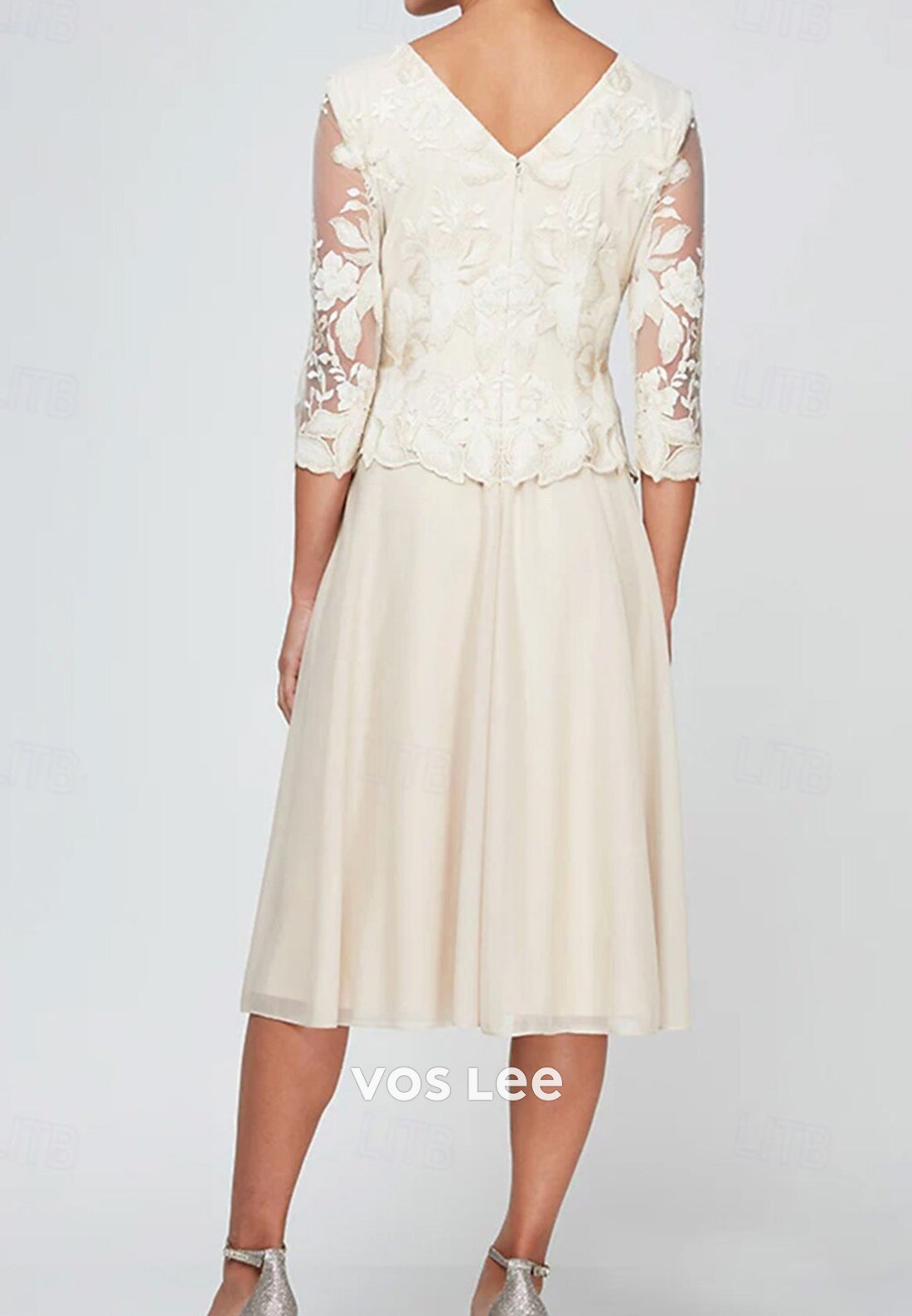 Classic A-Line Scoop Appliques Lace Pleated Mother of Bride Dresses
