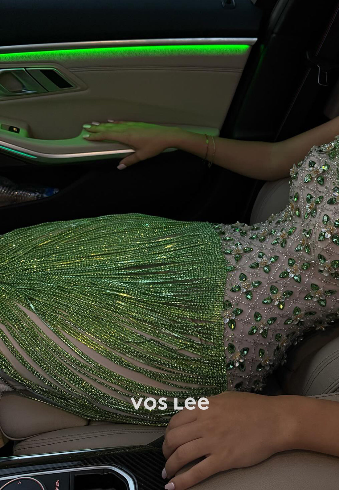 Green Strapless Scoop Beaded Rhinestone Fringe Sheath Prom Dresses