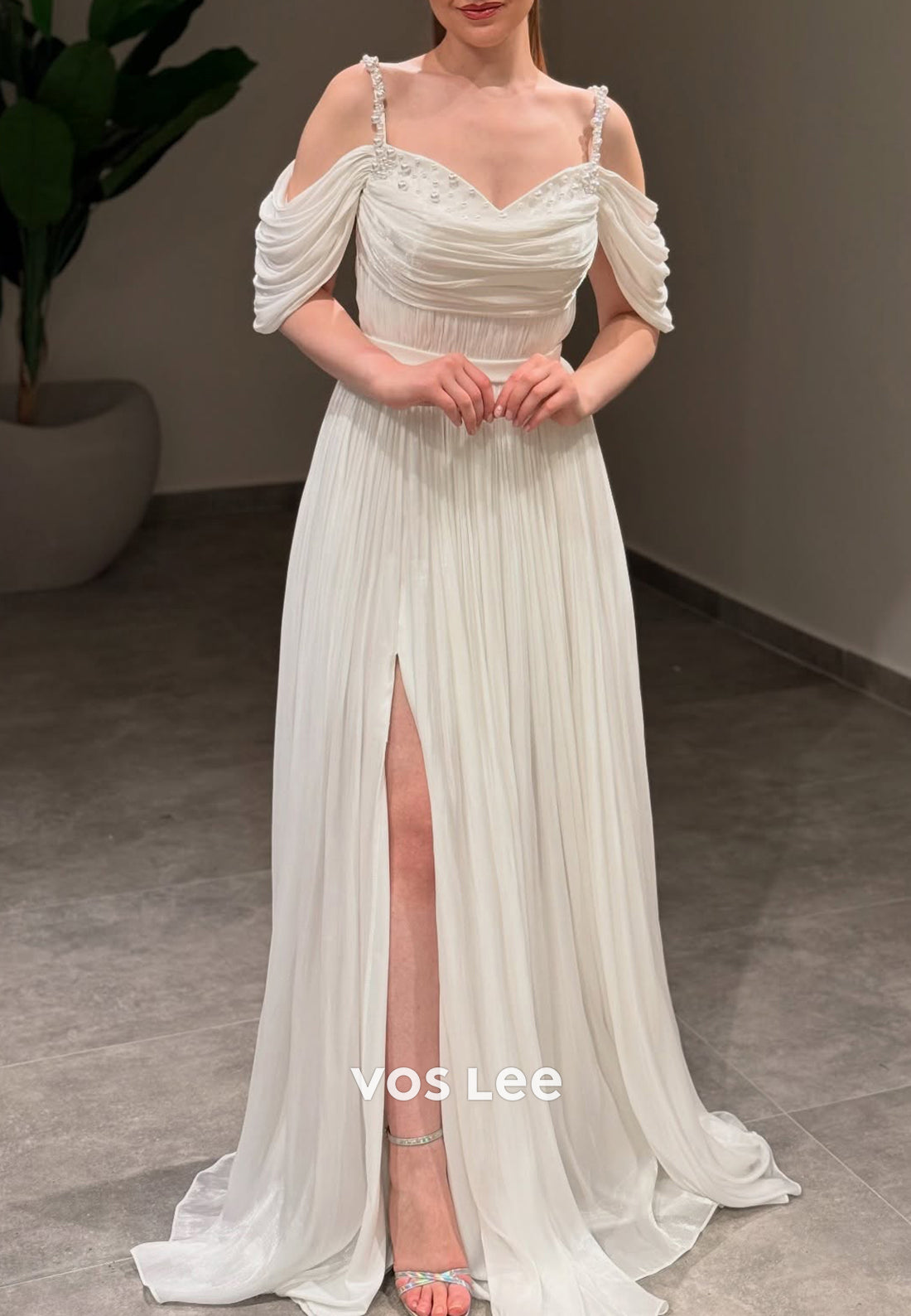 A-Line Spaghetti Straps V Neck Beaded Pleated Prom Dresses with Side Split