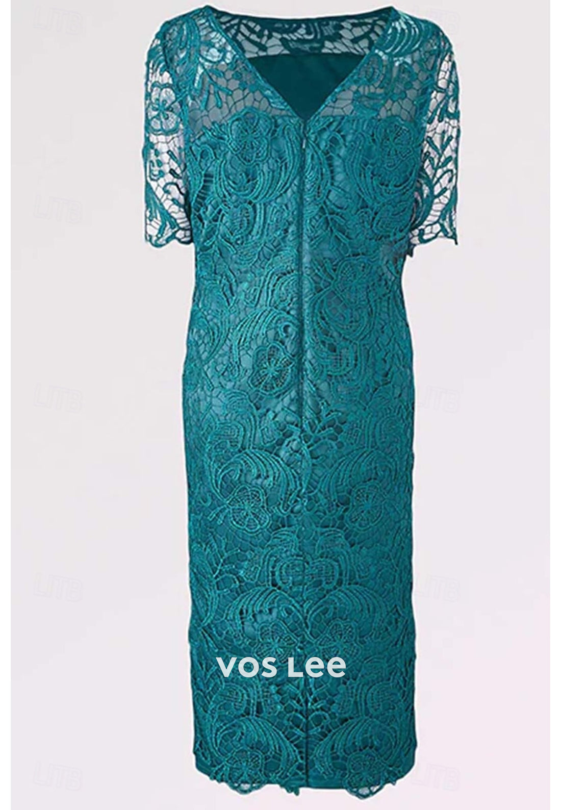 Short Sleeve Illusion Neck Appliques Lace Sheath Mother of Bride Dresses