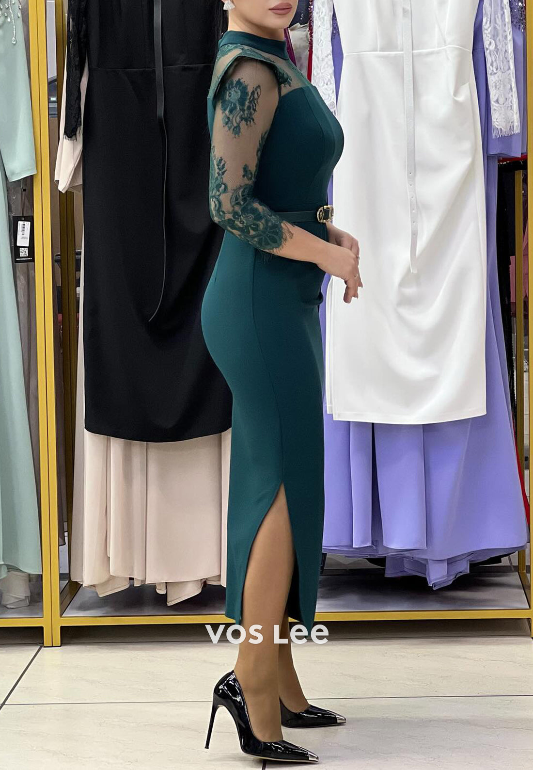 3/4 Sleeve Illusion Neck Appliqued Long Mermaid Evening Dresses with High Split