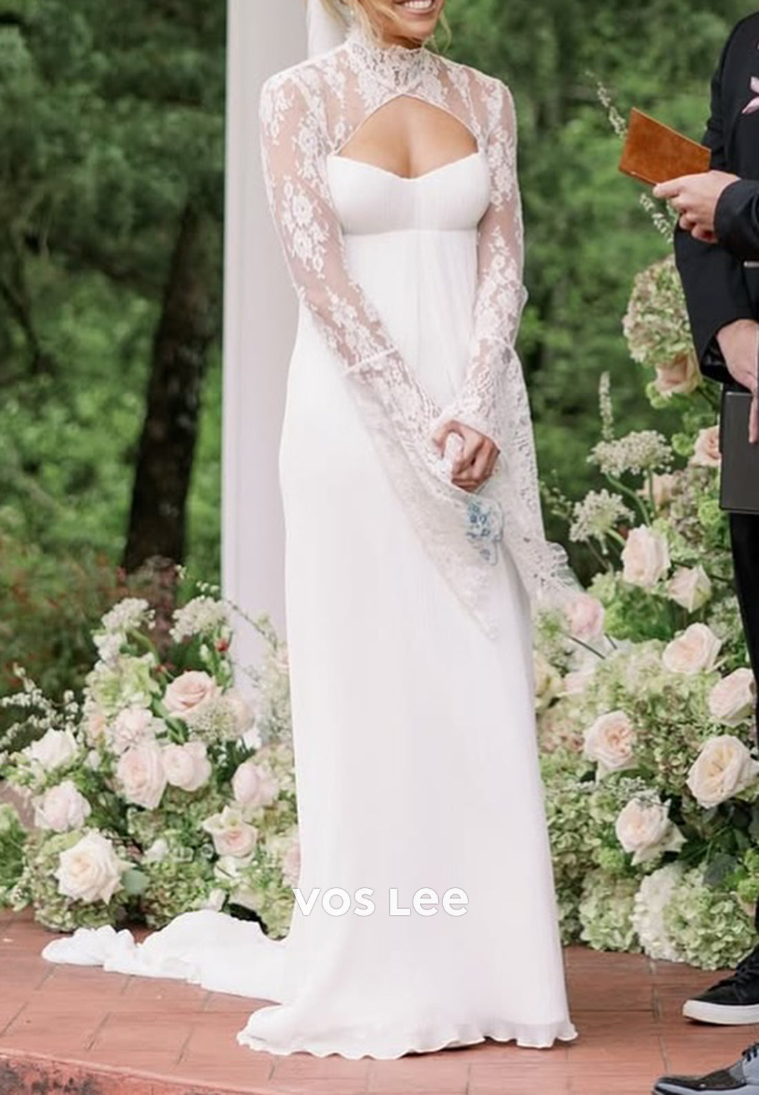 Long Sleeve High Neck Appliques Lace Pleated Sheath Wedding Dresses