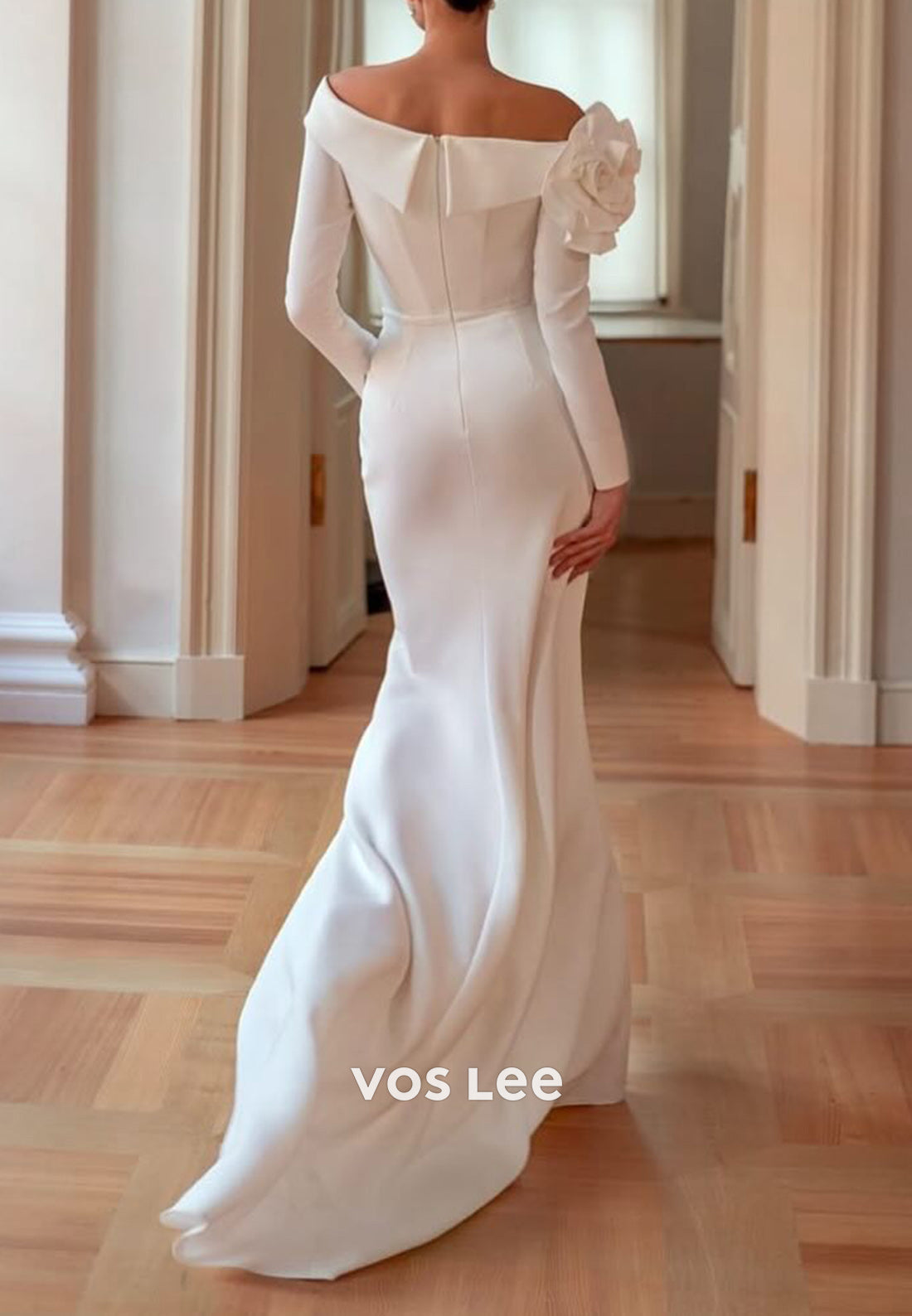 Simple & Casual Long Sleeve Asymmetrical Neck Flowers Wedding Dresses with Sweep Train
