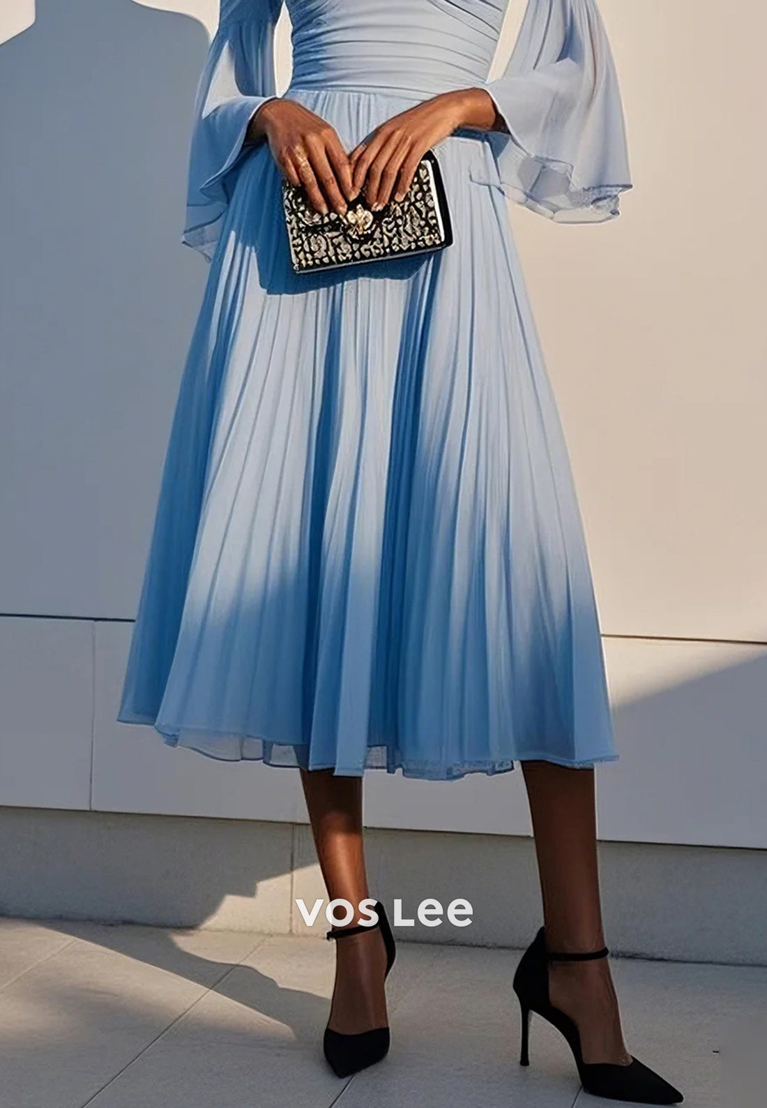 A-Line Sky Blue Bell Sleeves Off the Shoulder Pleated Long Wedding Guest Dresses