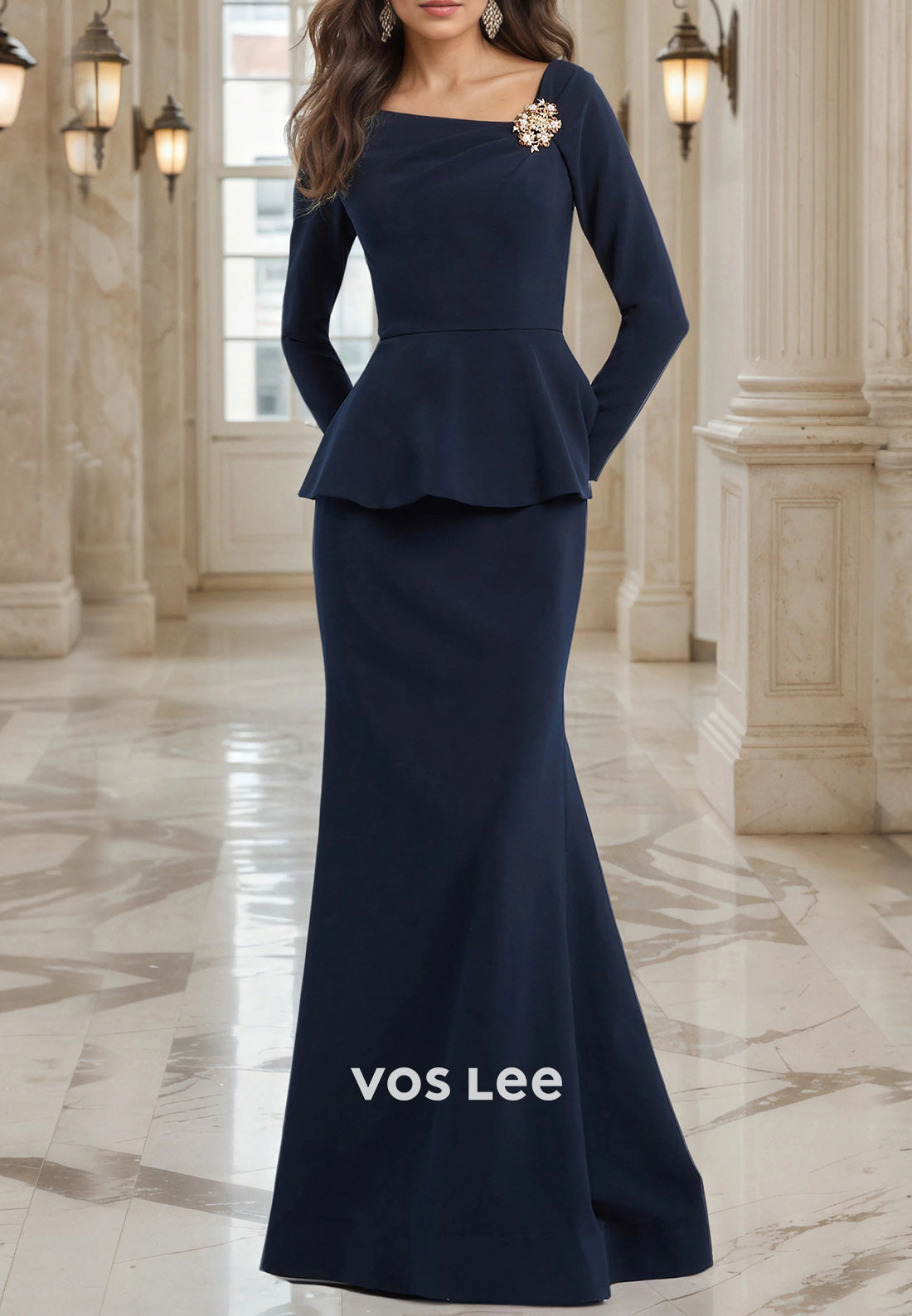 Two Pieces Long Sleeve Rhinestone Floor-Length Mermaid Mother of Bride Dresses