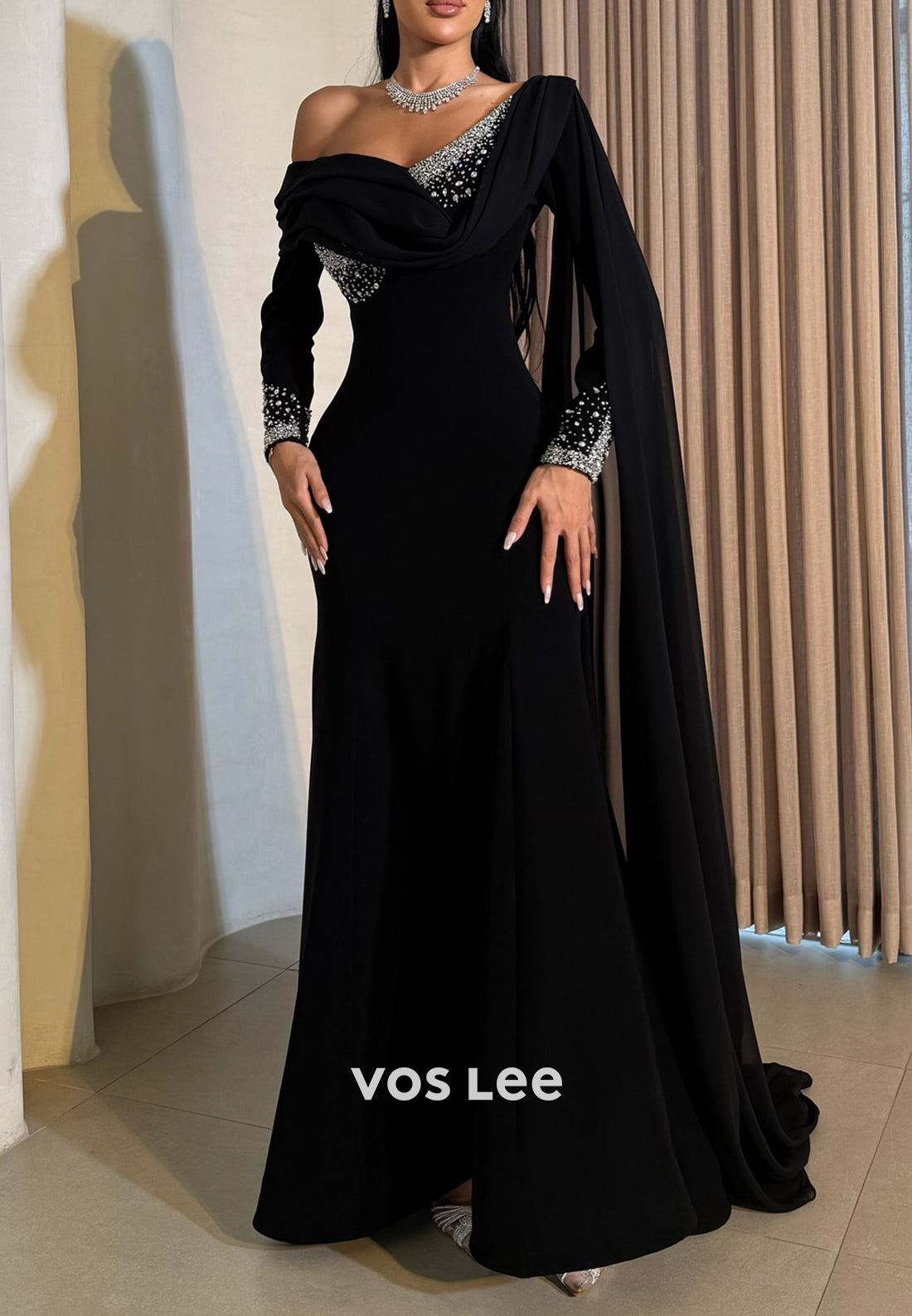 Long Sleeve One Shoulder Rhinestone Pleated Mermaid Evening Dresses with Sweep Train