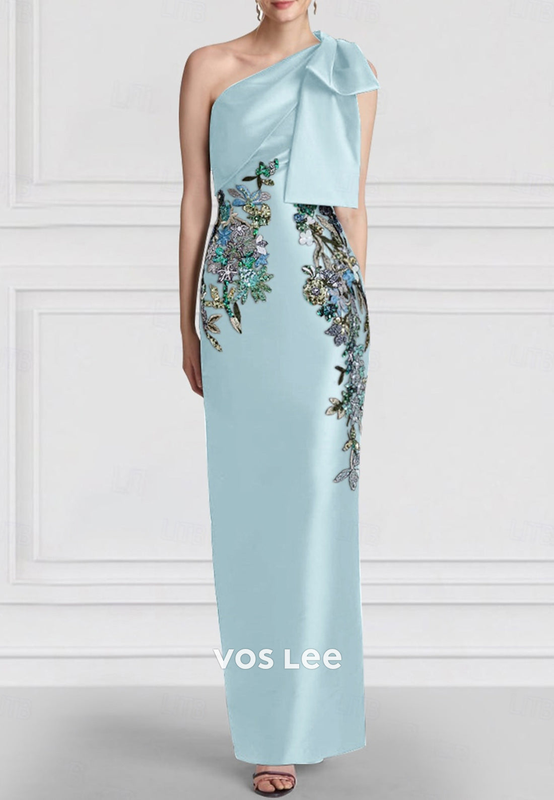 One Shoulder Bowknot Appliques Embellished Ankle-Length Pleated Sheath Evening Dresses