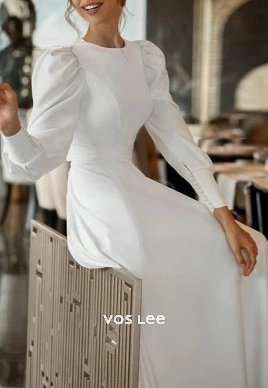 Simple & Classic A-Line Long Sleeve Scoop Pearls Wedding Dresses with Sweep Train