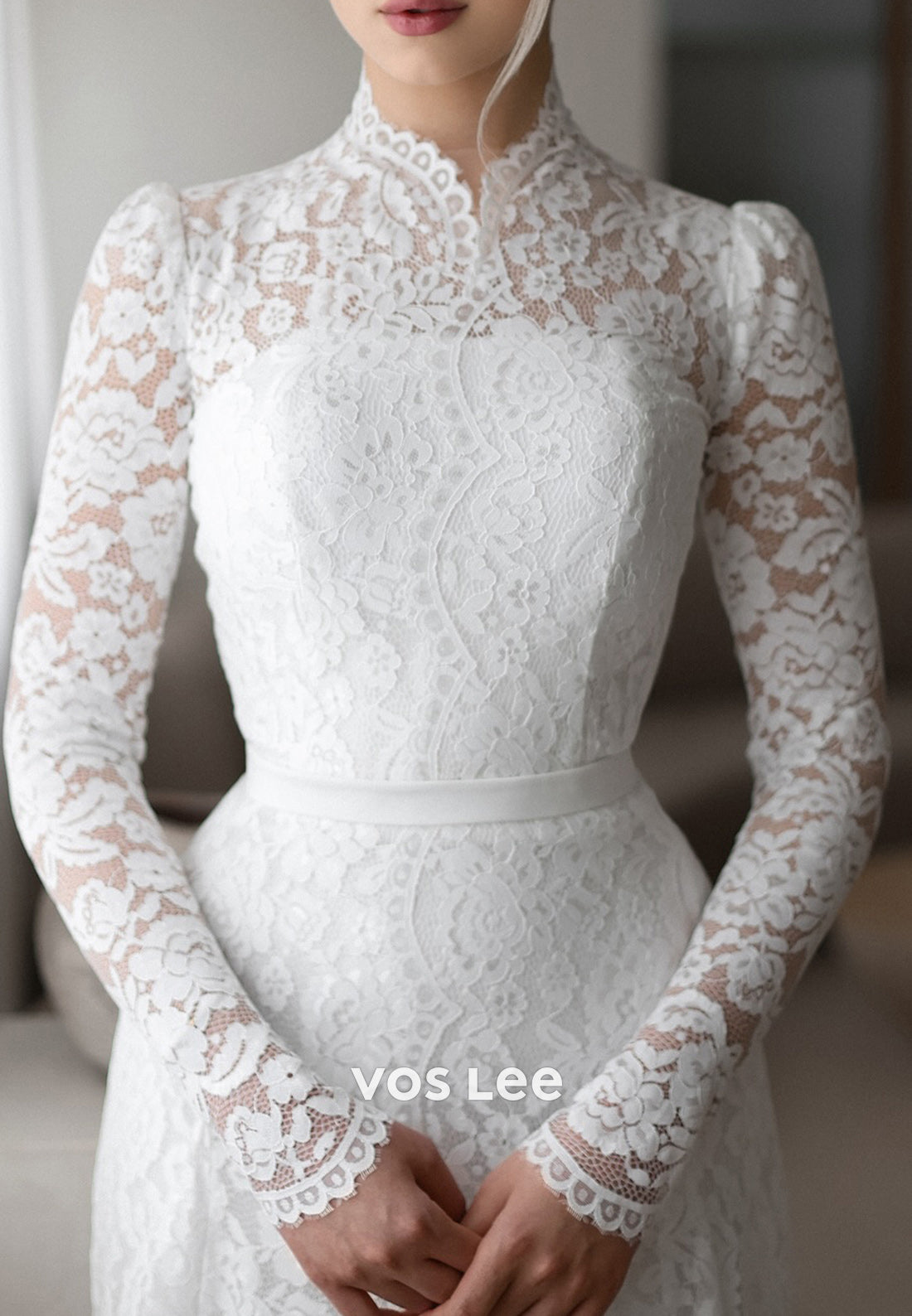 High Neck Long Sleeve Appliques Lace Sheath Wedding Dresses with Sweep Train