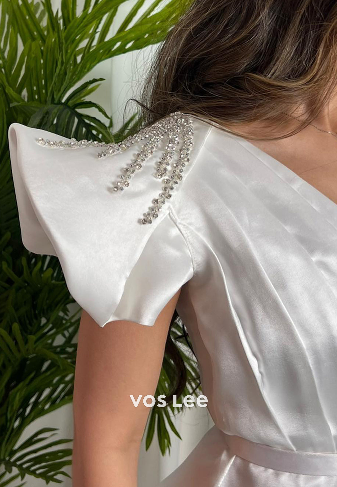A-Line V Neck Ankle-Length Rhinestone Beaded Evening Dresses Party Dresses