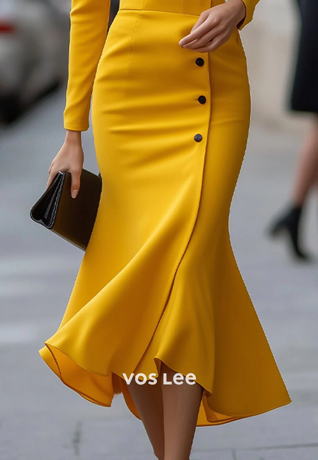 Long Sleeve V Neck Ruched Tea-Length Trumpet Wedding Guest Dresses Party Dresses