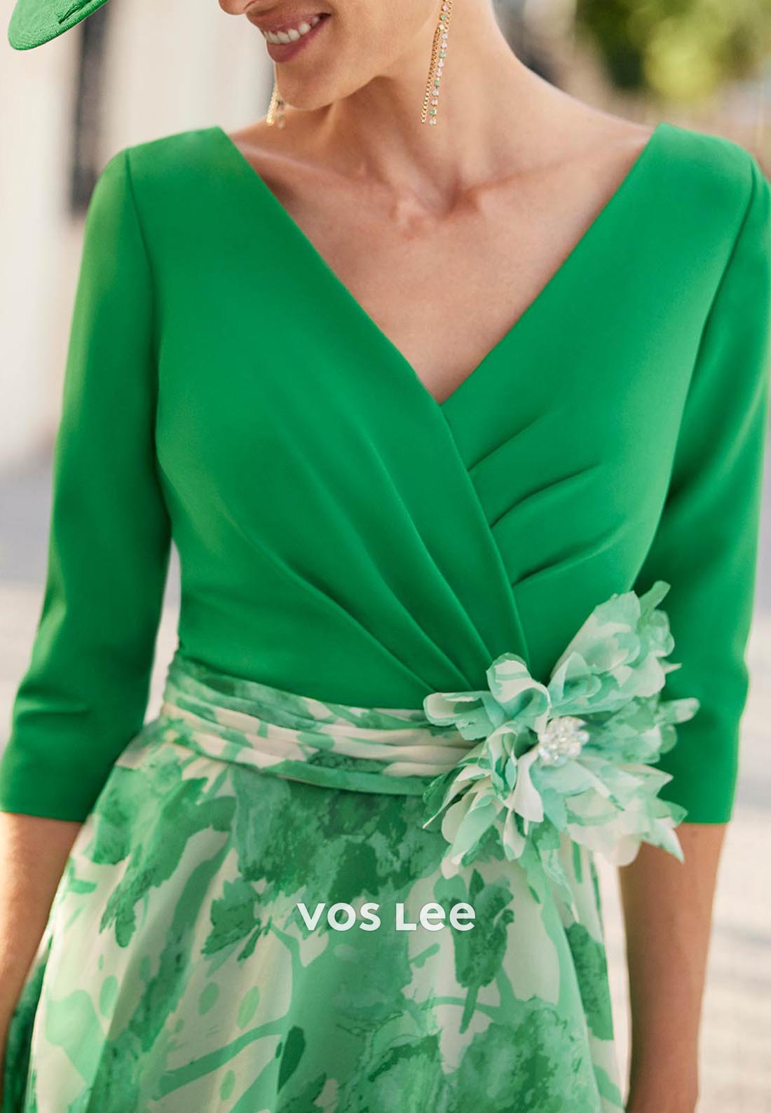 A-Line V Neck Pleated Flowers 3/4 Sleeve Tea-Length Mother of Bride Dresses