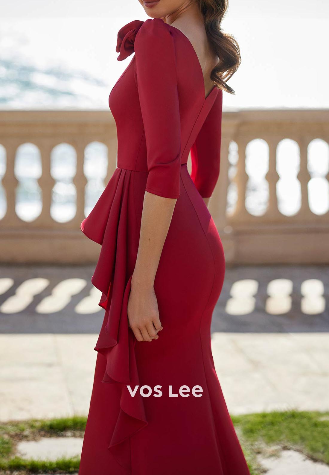 Classic 3/4 Sleeve Asymmetrical Neck Flowers Pleated Mermaid Mother of Bride Dresses
