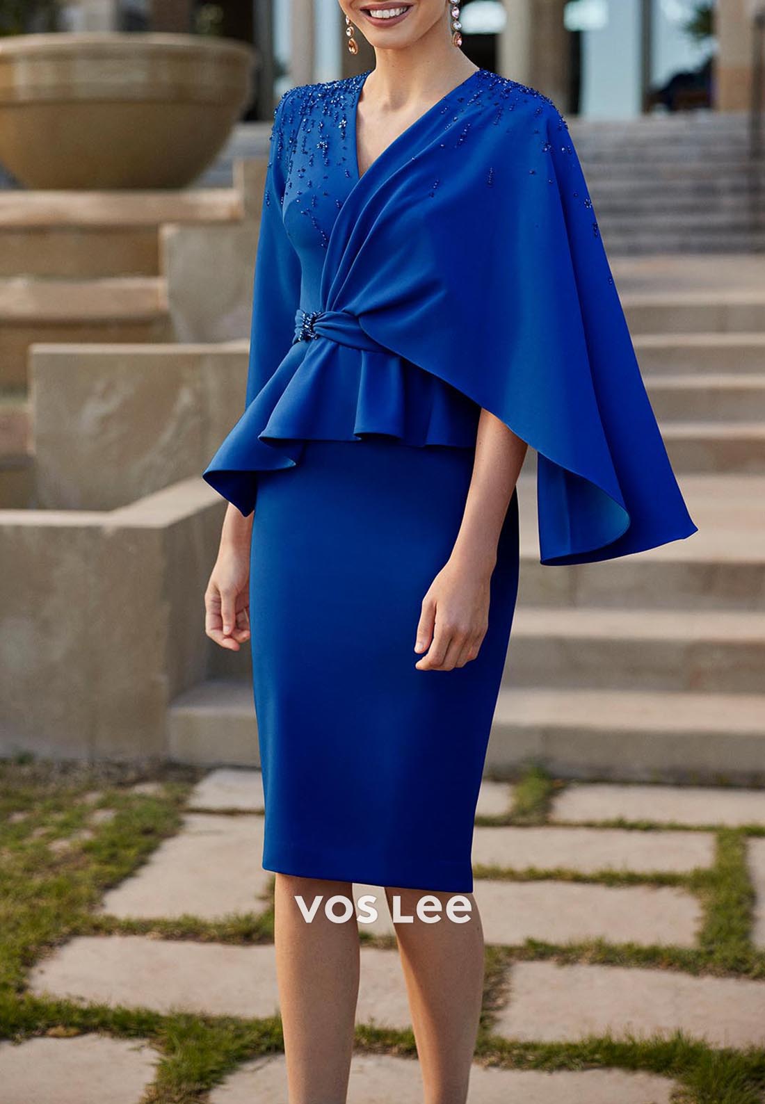 Classic Long Sleeve V Neck Beaded Knee-Length Pleated Sheath Mother of Bride Dresses